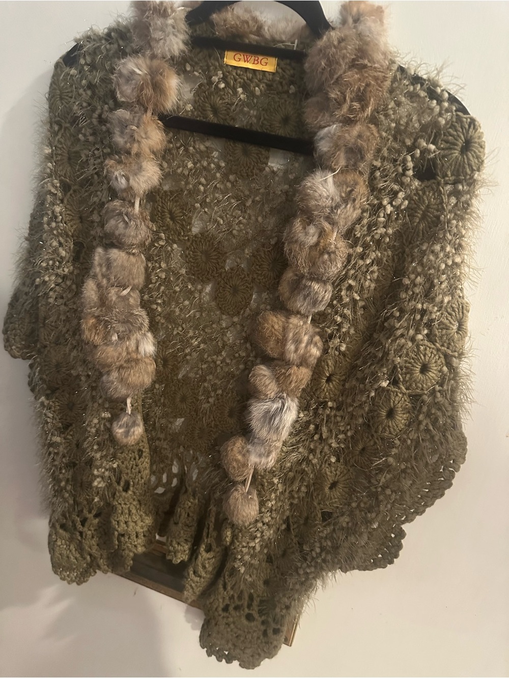 Vintage Crochet Cardigan with real Fur Pom Trim. One size